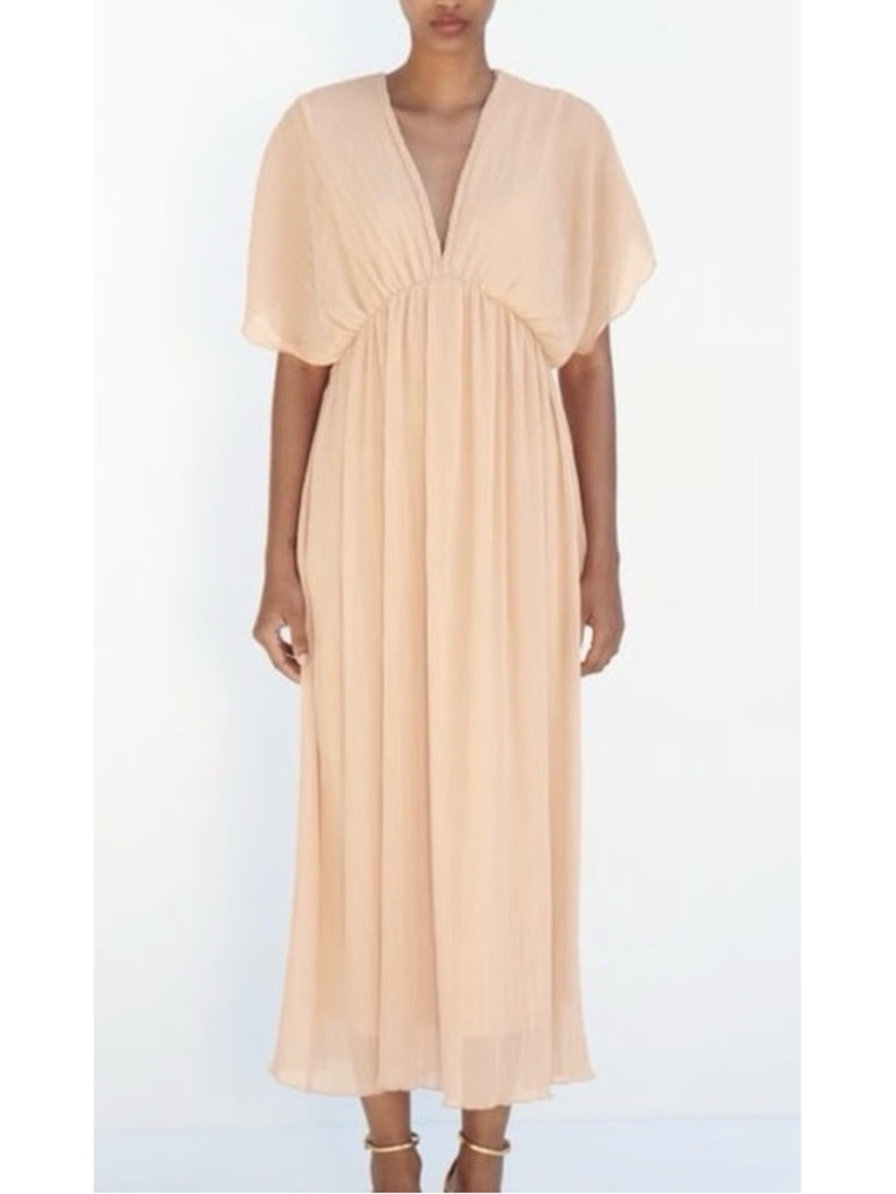Zara pleated midi dress pastel pink peach bohemian XS coastal summer hippy